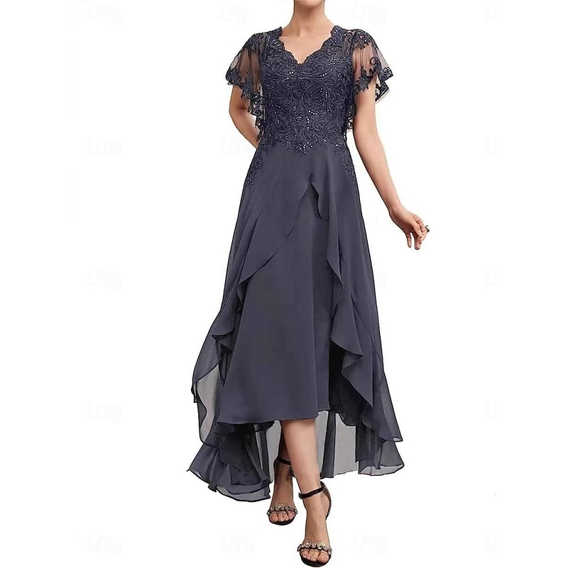 A-Line Mother of the Bride Dress Elegant V Neck Tea Length Chiffon Short Sleeve with Solid Color - Main Image