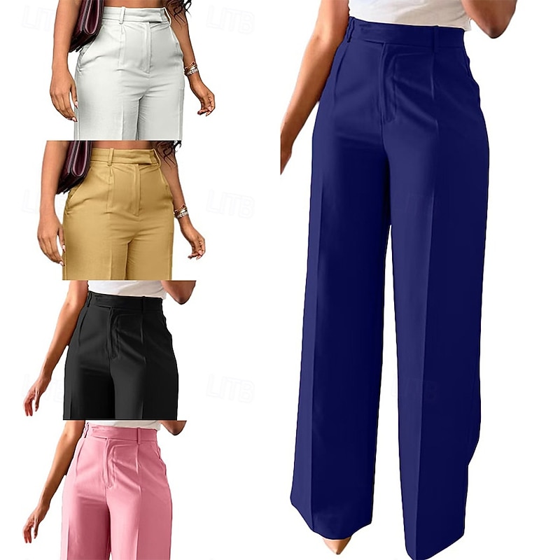 Women's Wide Leg Dress Pants Pants Trousers Fashion Full Length Natural Plain Side Pockets Comfy Breathability Office / Career Business Black White Yellow Pink Spring Fall Regular Fit