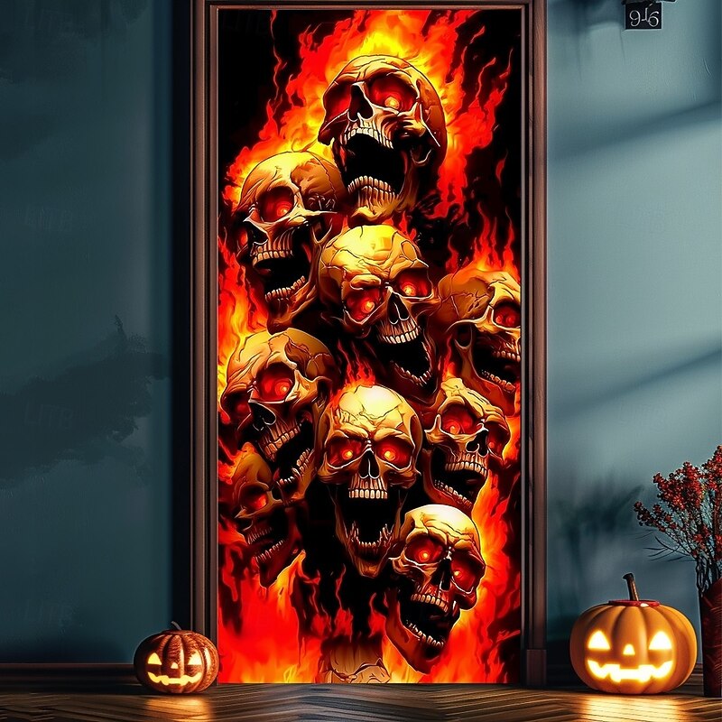 Halloween Door Cover – Fiery Skull Army from Hell, Haunted House Entrance Banner, Scary Outdoor 2025 Halloween Decoration for Bedroom, Living Room, Bathroom2