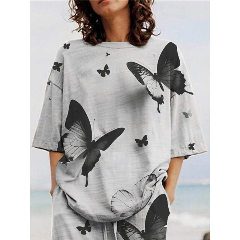Women's Active Fashion Pants Sets 3/4 Length Sleeve Crew Neck Butterfly Print Vacation Daily Holiday Black Gray Summer Regular Fit2