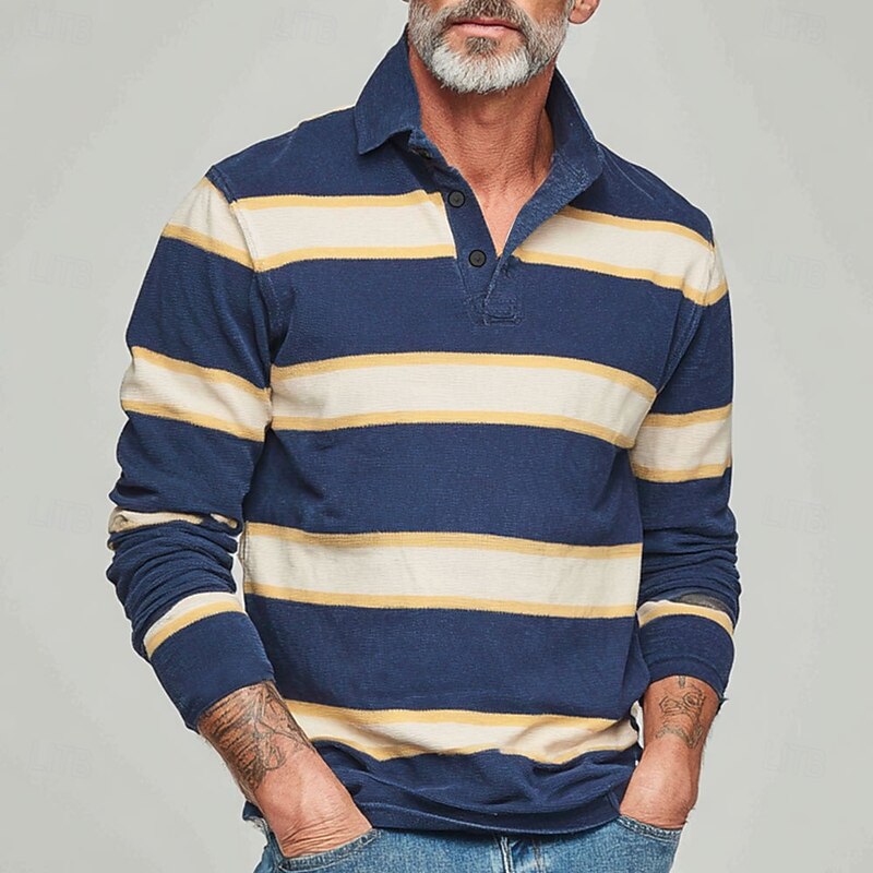 Men's Horizontal Stripes Rugby Polo Long Sleeve Polo Shirts Collared Shirts Sportswear Casual School Outdoor Athleisure 3D Print Spring Fall Winter Blue Purple Green