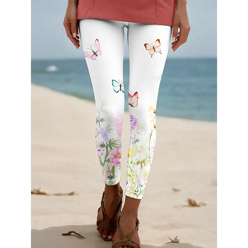 Women's Pants Trousers Leggings Cozy Leggings Streetwear Casual Full Length High Waist Floral Butterfly Elastic Waist Print Breathability Comfortable Stretchy Vacation Street Daily Wear Black White4