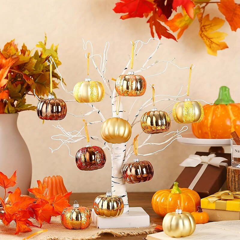 12 pcs Halloween Hanging Pumpkin Ornaments Fall Mini Thanksgiving Ball Ornaments, Hand Painted Pumpkin Baubles for Christmas Tree, Home Decor, Holiday Display or Autumn Table Centerpiece4