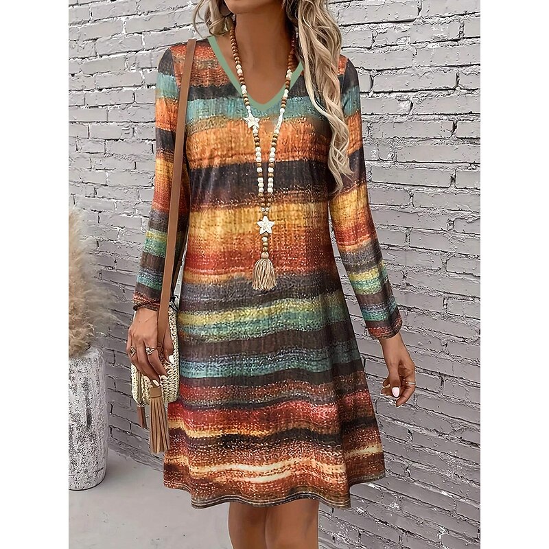 Women's Mini Dress Casual Dress Sundress A Line Dress Stylish Casual Regular Fit Graphic Geometric Long Sleeve V Neck Ice Blue Yellow Wine Dusty Blue Spring Fall3