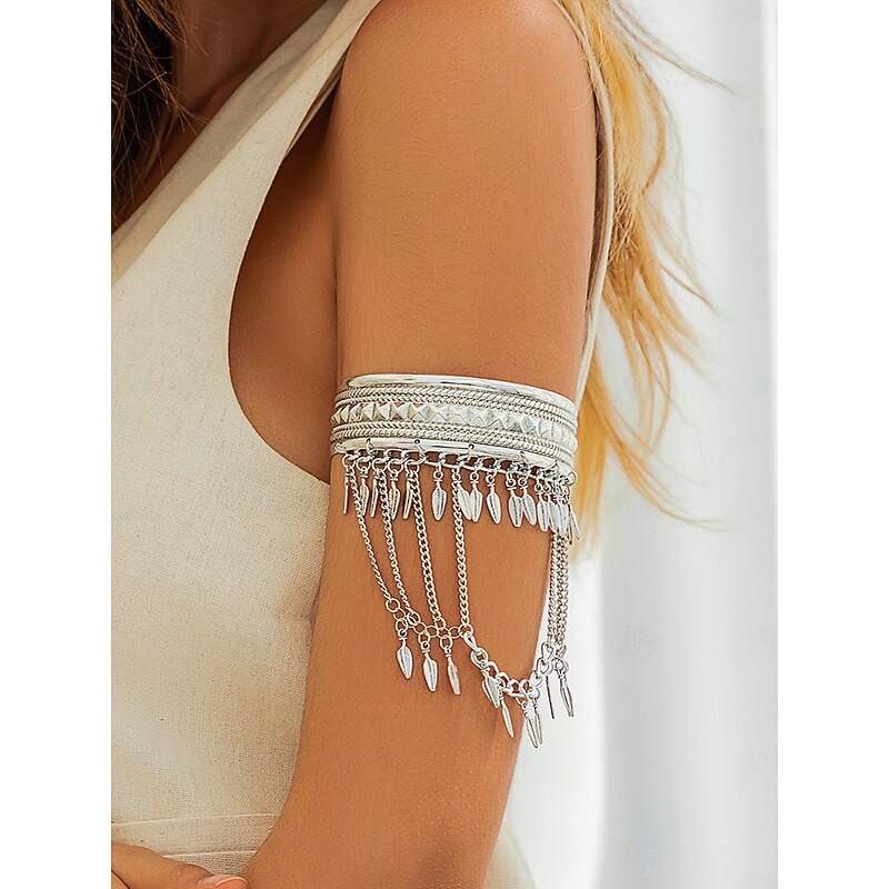 Women's Gold Layered Arm Cuff Bracelet with Leaf Charms - Boho Statement Jewelry for Parties and Festivals4
