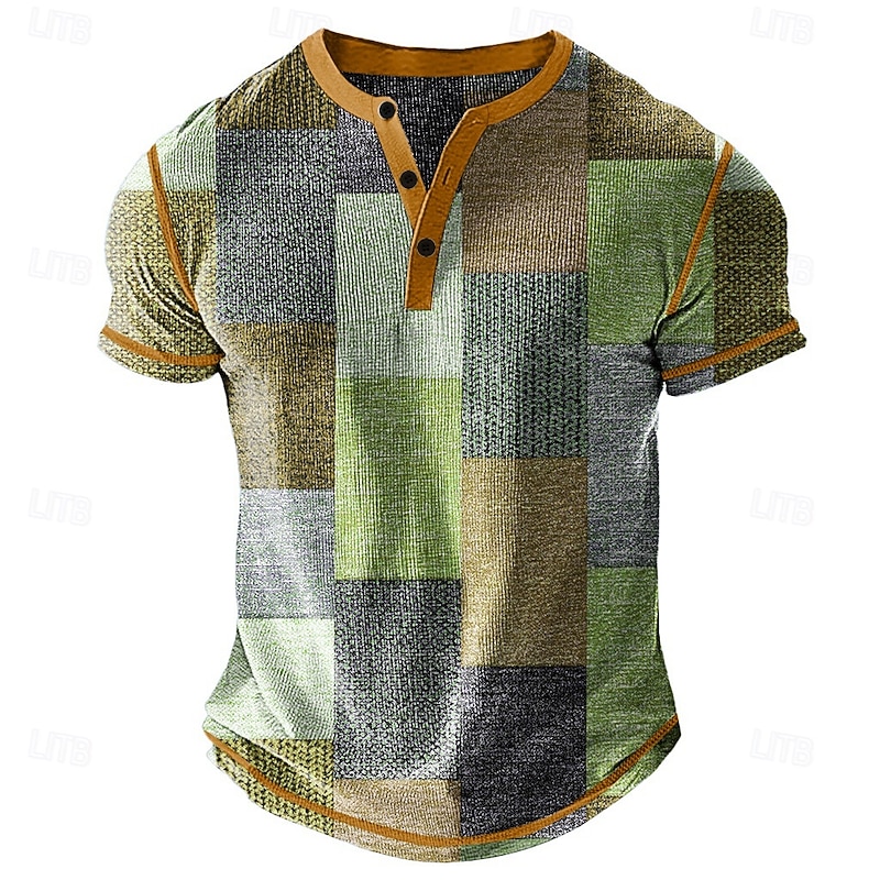 Men's Graphic Plaid Henley Shirt Waffle T Shirt Short Sleeve Daily Retro Vintage Classic Sports Outdoor Casual Holiday Spring & Summer All Seasons Blue Yellow Green Khaki Henley Henley T-Shirt3