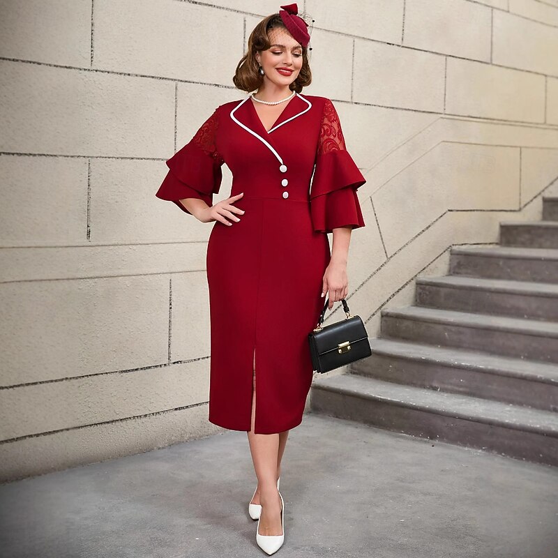 Retro Vintage 1950s 1960s Midi Cocktail Dress Pencil Dress Plus Size V Neck Fancy Dress Women's Formal Party & Evening Retro Theme Party Adults' Dress Spring & Summer4