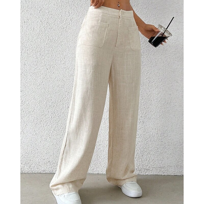 Women's Wide Leg Slacks Streetwear Casual Full Length Natural Plain Pocket Comfortable Outdoor Vacation Daily Apricot Fall Regular Fit4