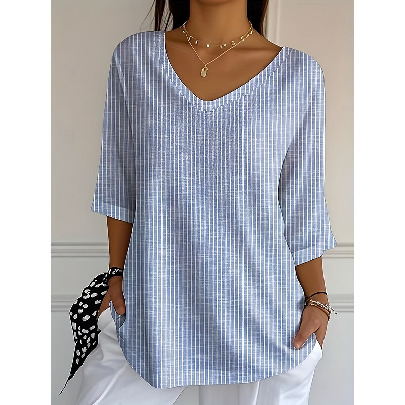 Women's Boho Shirt Striped Casual Boho Half Sleeve Regular Tops Blue Spring, Fall, Winter, Summer