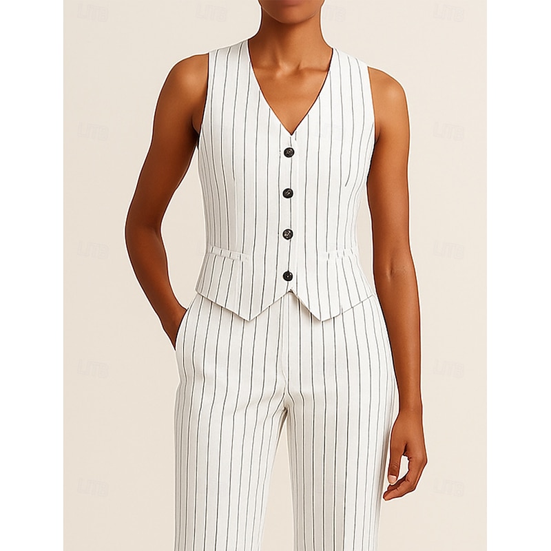 Women's Suit Vest Formal Party WorkWear Elegant Pinstripe Sleeveless V Neck Single Breasted4