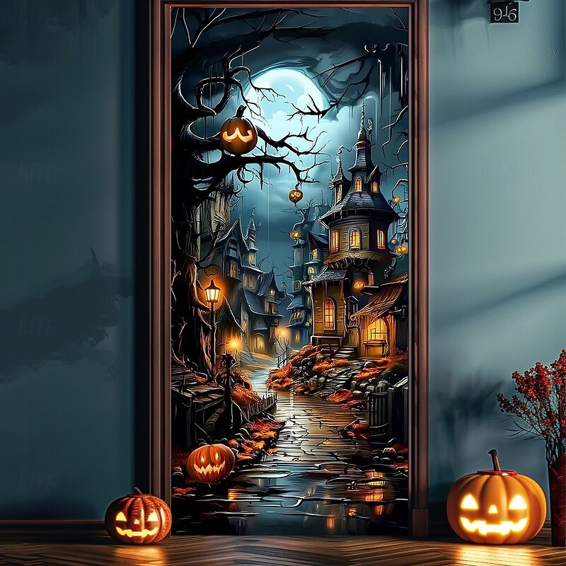 Halloween Door Cover – Haunted Castle by Moonlit Lake, Spooky Entrance Banner, Outdoor 2025 Halloween Decoration for Bedroom, Living Room, Bathroom2