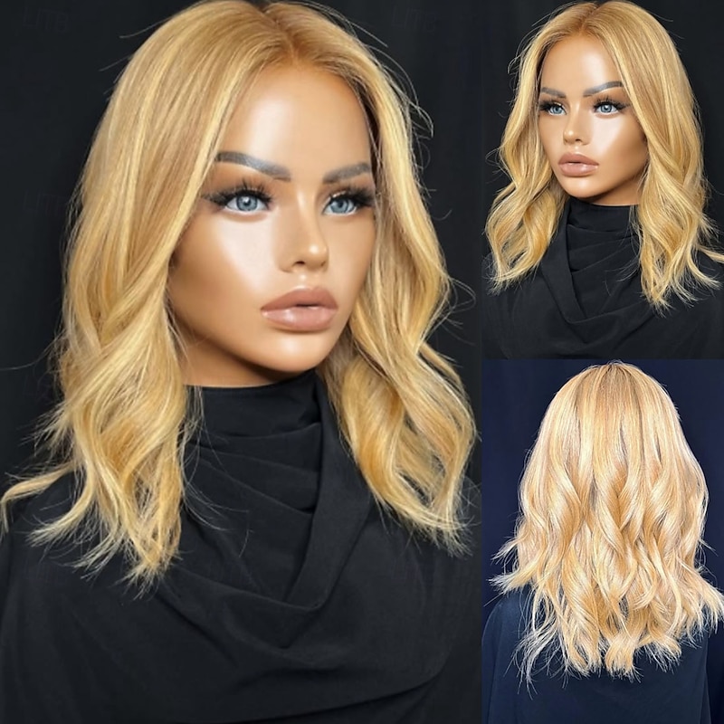 Remy Human Hair 5x5 Closure 13x4 Lace Front Wig Short Bob Brazilian Hair Wavy Blonde Wig 130% 150% Density Highlighted / Balayage Hair Natural Hairline 100% Virgin Glueless Pre-Plucked For Women Long