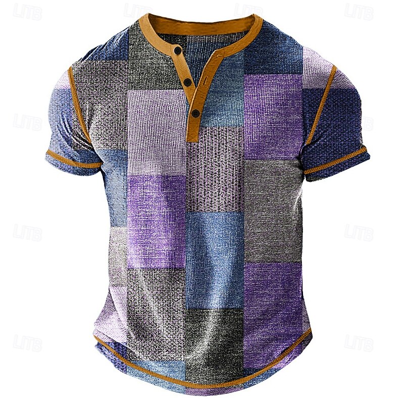 Men's Patchwork Henley Shirt Waffle T Shirt Short Sleeve Daily Retro Vintage Graphic Sports Outdoor Casual Holiday Spring & Summer All Seasons Blue Green Red Purple Khaki Henley Henley T-Shirt2