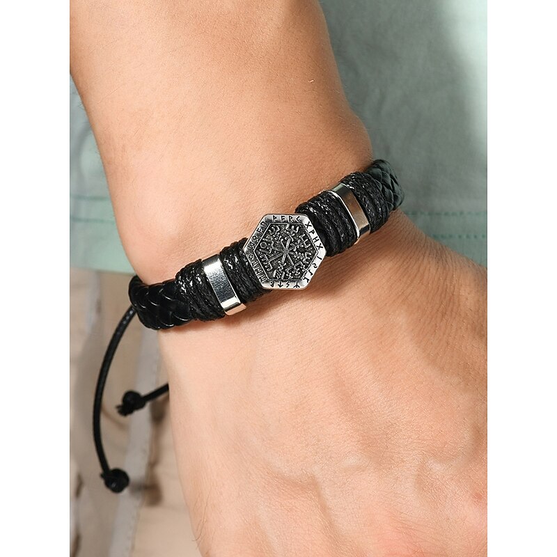 Men's Viking Rune Faux Leather Bracelet with Vegvisir Symbol – Adjustable Norse Style Woven Cuff for Men, Ideal for Gifting, Casual Outfits and Festivals3