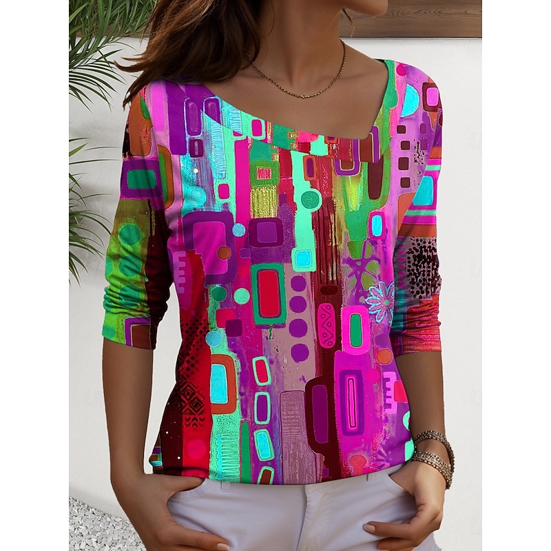 Women's T Shirt Graphic Geometric Casual Long Sleeve V Neck Regular Tops Daily Print Red Blue Purple Green Spring Fall4