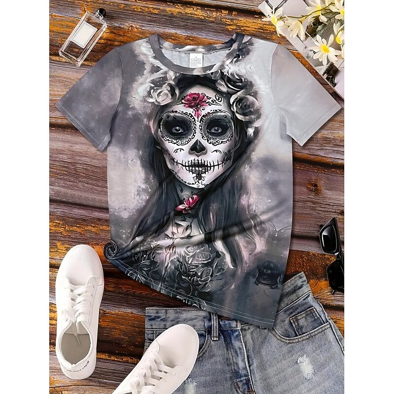 Halloween Women's T Shirt Skulls Floral Graphic Vintage Stylish Classic Short Sleeve Crew Neck Round Neck Regular Tops Daily Weekend Print Black Purple Gray Summer Fall2