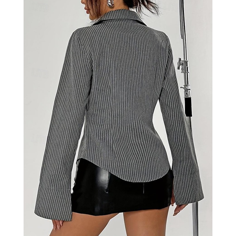 Women's Shirt Striped Daily Stylish Basic Long Sleeve Shirt Collar Regular Tops Work Daily Holiday Buttons Gray Spring Fall3