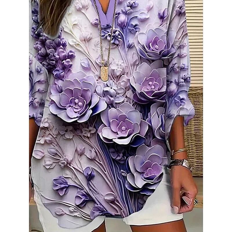 Women's Blouse Tunic V Neck Long Sleeve Boho Casual Floral Graphic Vintage Daily Stylish Notched Neck Regular Tops Daily Print Light Purple Fall3
