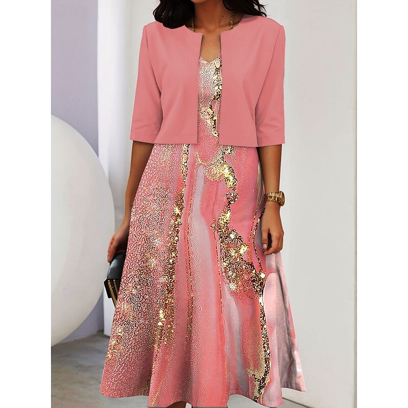 Women's Two Piece Dress Sets Midi Dress with Jacket Elegant A Line Dress Half Sleeve Casual Semi Formal Ombre Graphic Print V Neck Date Black Pink Red Spring Fall Regular Fit