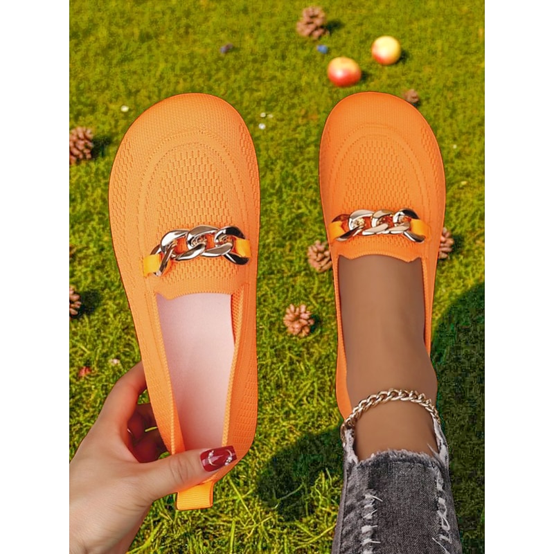 Women's Orange Wide Toe Flyknit Slip-On Loafers – Comfortable Breathable Casual Flats with Metal Chain Detail, Ideal for Shopping, Work and Garden Strolls