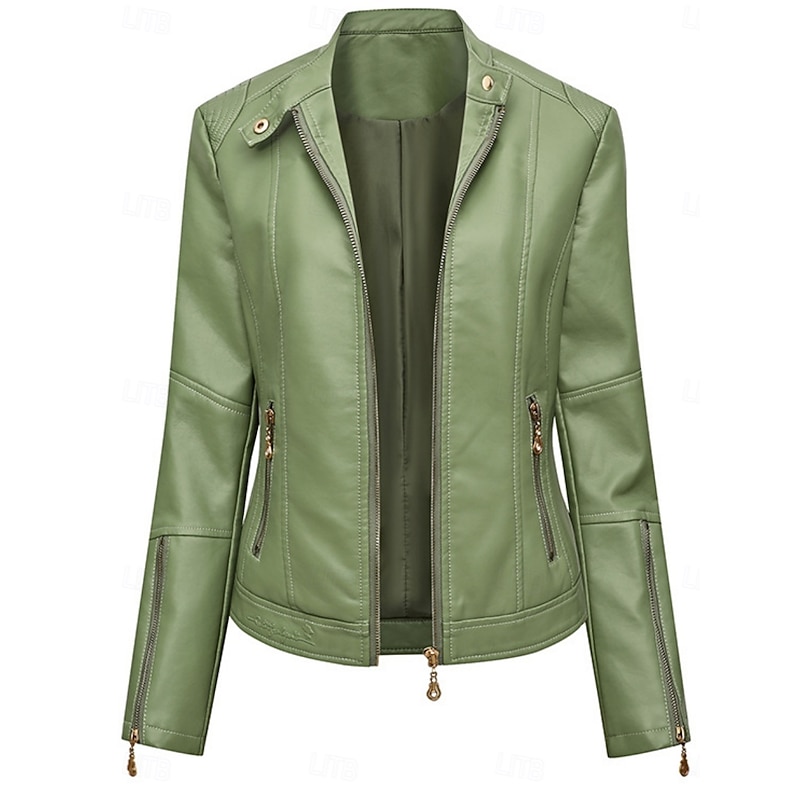 Women's Faux Leather Jacket Casual Jacket Comfortable Breathable Zipper Pocket Fashion Casual Plain Vacation Street Casual Daily Wear Zipper Short Turndown Slim Long Sleeve Outerwear Black Red Green2