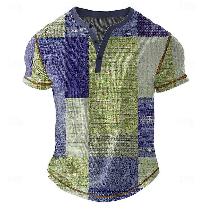 Men's Geometric Henley Shirt Waffle T Shirt Short Sleeve Daily Retro Vintage Classic Sports Outdoor Casual Holiday Spring & Summer All Seasons Dark Brown Green Blue Khaki Henley Henley T-Shirt3