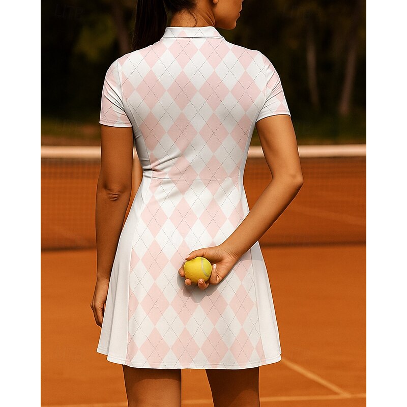 Women's Geometric Plaid Checkered Tennis Dress with Shorts Sports Dress 2 Pieces Short Sleeves Printing Moisture Wicking Breathable Tennis Golf Pickleball Polo Collar Open Back Pink Tennis Clothing2