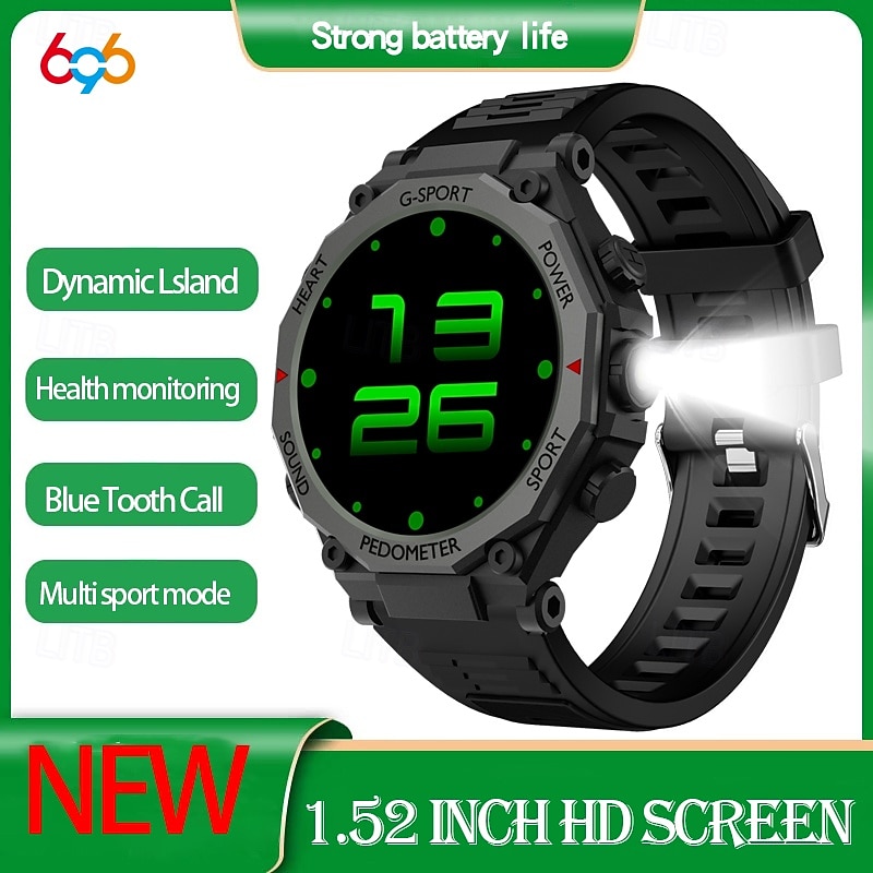 New 1.52 Men Sports Outdoor Fitness Led Flashlight Blue Tooth Call Smart Watch Heart Rate Health Voice Assistant SOS Smartwatch