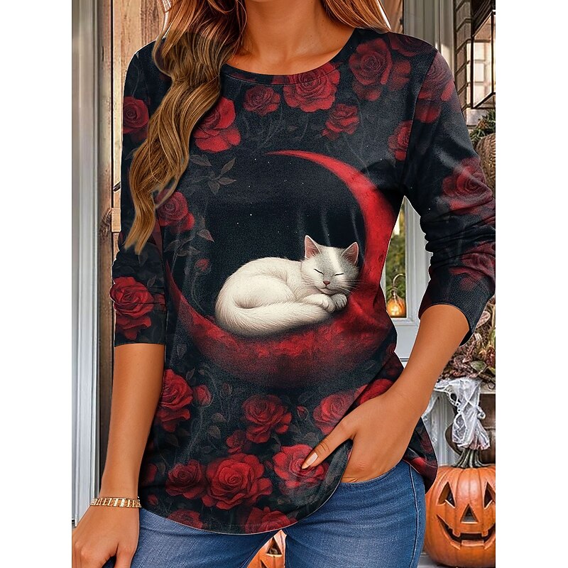Halloween Women's T shirt Black Cat Long Sleeve Crew Neck Long Sleeve Tunic Floral Graphic Cat Vintage Stylish Classic Daily Weekend Print Red Blue Purple Green Spring Fall Winter Prefall