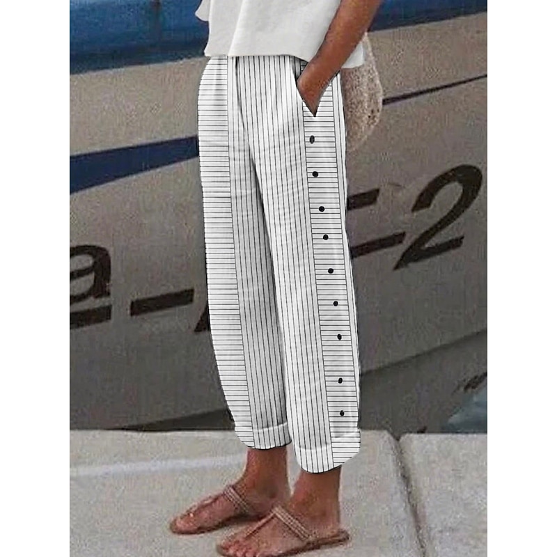 Women's Cotton Linen Pants Tapered pants Chinos Fashion Streetwear Full Length High Waist Striped Pocket Elastic Waistband Comfy Soft Comfortable Micro-elastic Outdoor Street rice white Black Pink