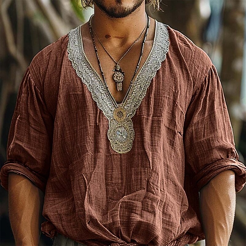 Men's Shirt Linen Shirt Popover Shirt Summer Shirt Beach Wear Plain Vacation Street Green Coffee Gray Long Sleeve V Neck Summer Spring Clothing Apparel4