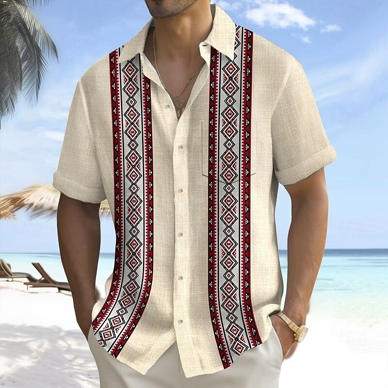 Men's Geometric Stripe Shirt Summer Shirt Button Up Shirt Short Sleeve Ethnic Vacation Holiday Streetwear Summer Turndown 3D Print Front One Pocket Linen Like Shirt Khaki