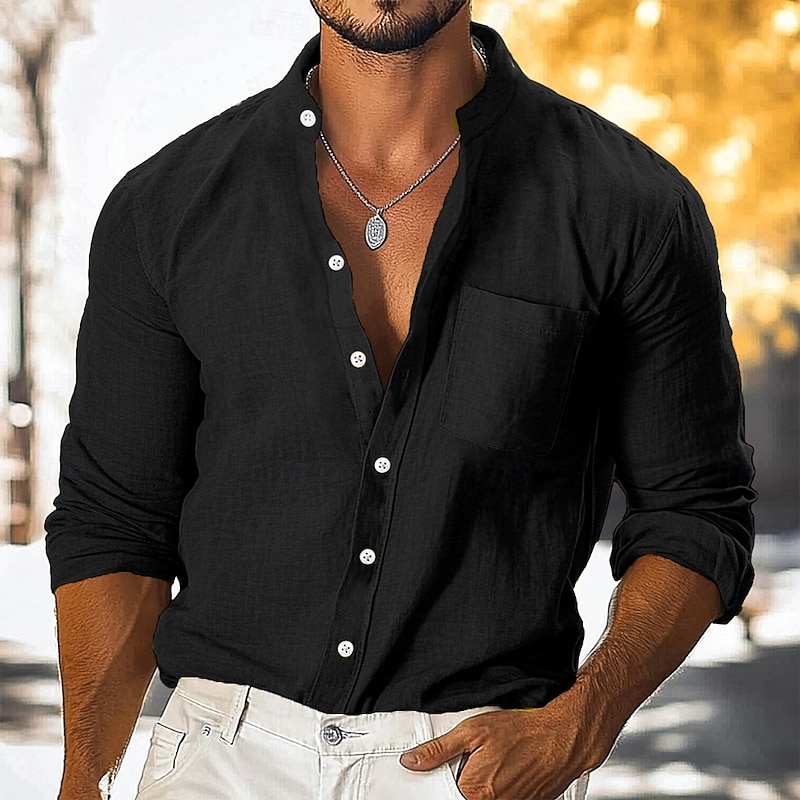 Men's Shirt Linen Shirt Button Up Shirt Plain Vacation Casual Black White Yellow Navy Blue Long Sleeve Turndown Summer Fall Clothing Apparel Buttons4
