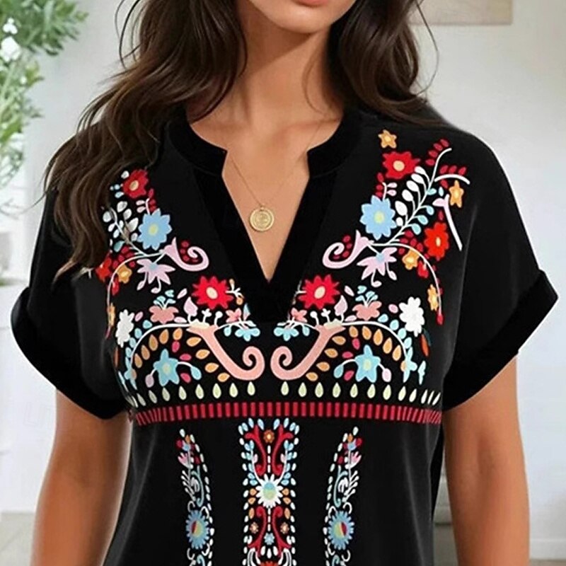 Women's T Shirt Tee Top Flowers Fashion Modern Short Sleeve V Neck Regular Tops Daily Going out Beach Wear Print Black Summer2