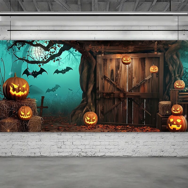 Halloween Garage Door Cover Outdoor Pumpkin and Wooden Door Scene Banner, Large Tapestry Backdrop Decoration for Holiday Outdoor Garage Door and Home Wall, 2025 Halloween Decorations3