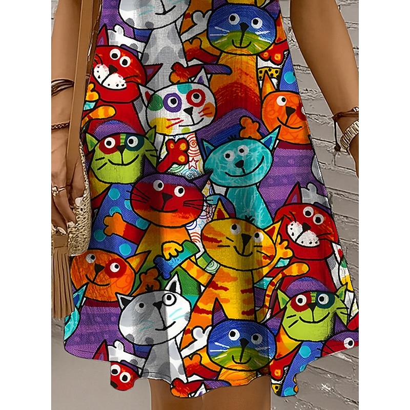 Women's Mini Dress Sundress A Line Dress Off The Shoulder Dress Vacation Casual Holiday Beach Regular Fit Graphic Cat Sleeveless Crew Neck Yellow Red Blue Purple Summer Spring3