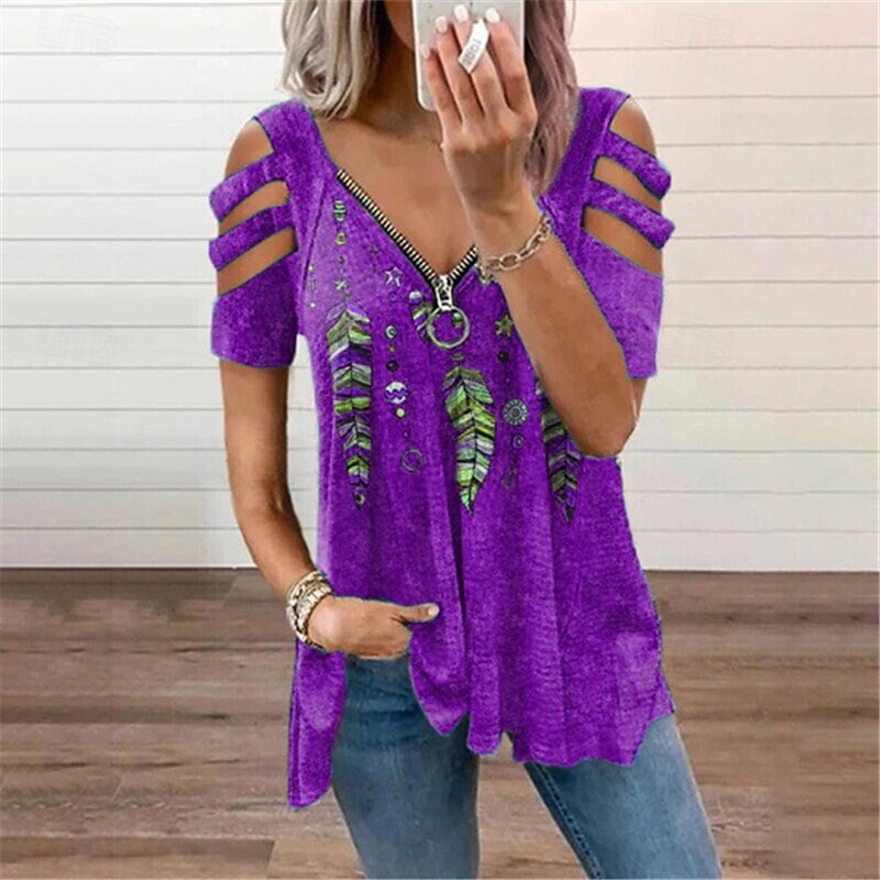 Women's T Shirt Plants Fashion Modern Short Sleeve V Neck Regular Tops Daily Zipper Red Purple Green Summer3