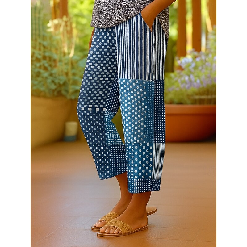 Women's Chinos Shorts Cropped Pants Elegant Vacation Vintage Ankle-Length High Waist Floral Graphic Striped Layered Inelastic Outdoor Street Daily Lake blue Blue Summer Spring Regular Fit2