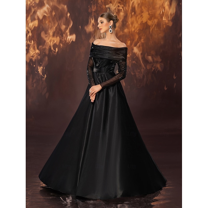 Black Gown A-Line Evening Gown Elegant Dress Formal Wedding Floor Length Sleeveless Off Shoulder Stretch Satin with Pleats Beading Lace Sleeve2