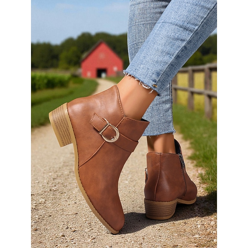 Women's Brown Faux Leather Ankle Boots – Low Heel Side Zip Buckle Booties for Fall Outings, Country Walks and Daily Wear3