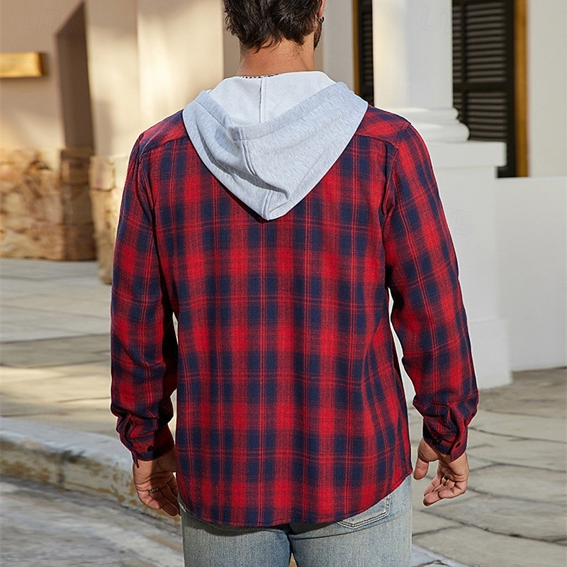 Men's Lightweight Jacket Shirt Jacket Casual Jacket Shacket Vacation Daily Breathable Pocket Spring Fall Plaid Fashion Classic Hooded Regular Red Blue Jacket2