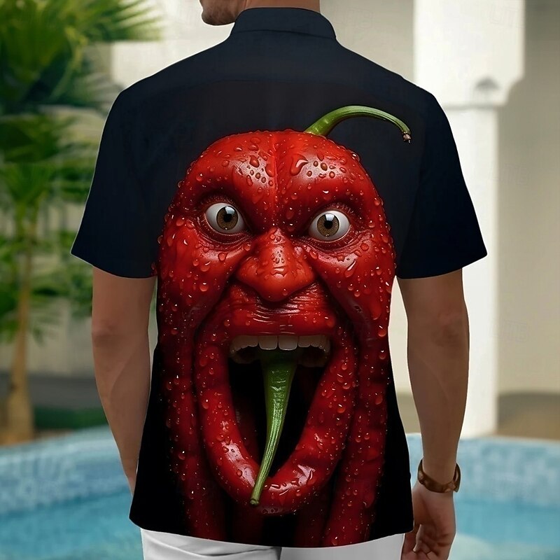 Men's Cartoon Funny Pepper Shirt Summer Shirt Button Up Shirt Short Sleeve Fashion Casual Outdoor Vacation Dailywear Summer Spring Turndown 3D Print Collared Shirts Front One Pocket Black2