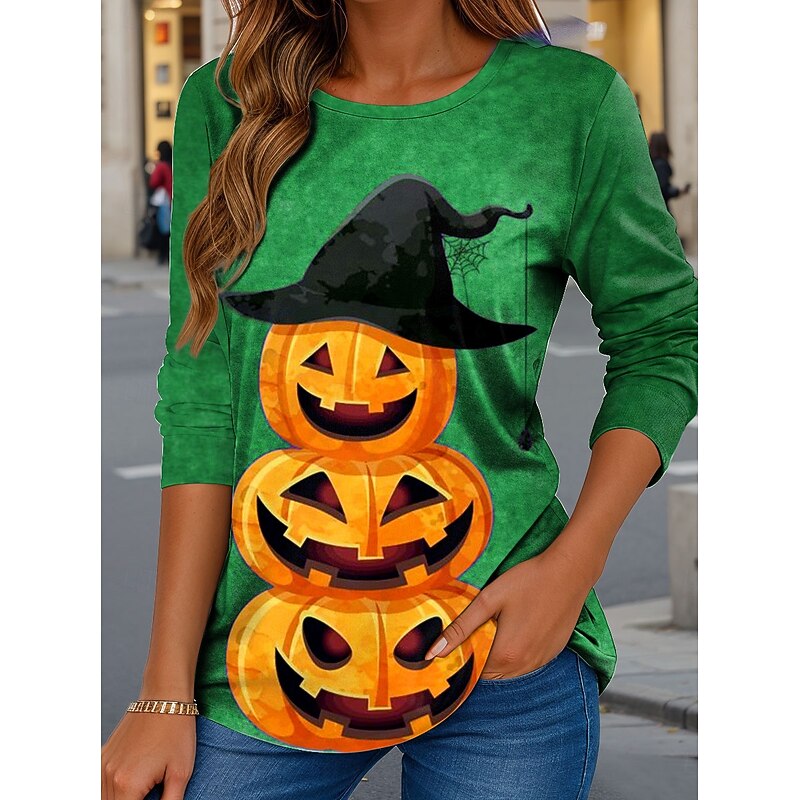 Halloween Women's T shirt Pumpkin Crew Neck Long Sleeve Tunic Graphic Vintage Stylish Classic Regular Tops Daily Print Blue Purple Green Khaki Spring Fall2