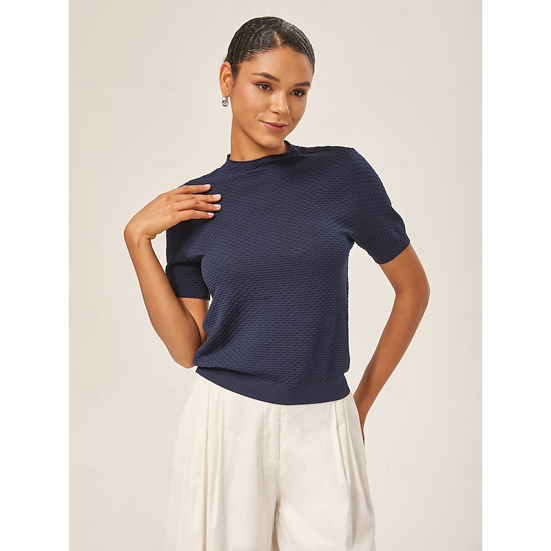 Luxe Textured 3D Jacquard Knit Navy Blue Top