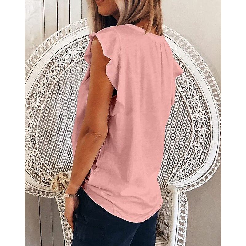 Women's Texture Blouse T Shirt Plain Fashion Modern Short Sleeve V Neck Regular Tops Daily Ruffle White Pink Green Summer4