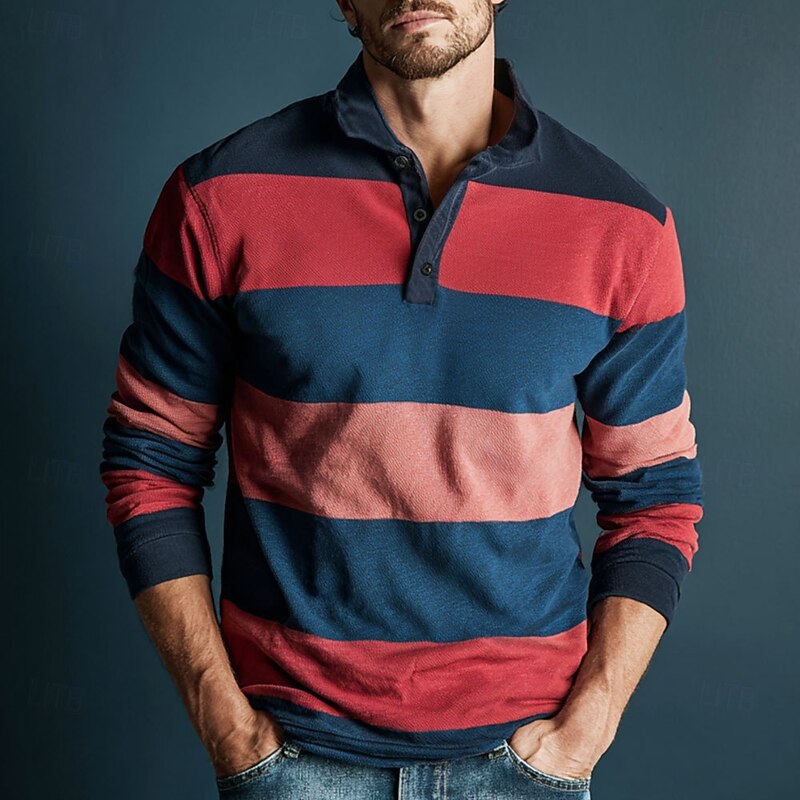 Men's Horizontal Stripes Rugby Polo Long Sleeve Polo Shirts Collared Shirts Sportswear Casual School Outdoor Athleisure 3D Print Spring Fall Winter Maroon Blue Brown