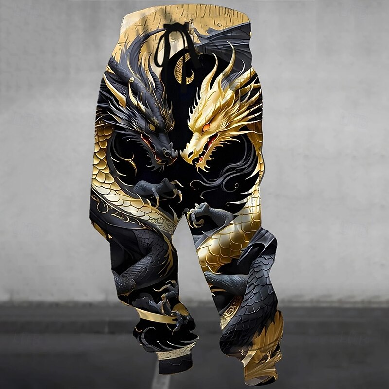 Men's Animal Dragon Sweatpants Joggers Trousers Mid Waist Drawstring Elastic Waist Casual Jogging Streetwear Workout Athletic Sweatpants with Pockets Spring Fall 3D Print Gold