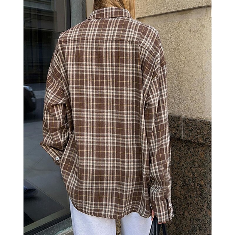 Women's Shirt Plaid Daily Stylish Basic Long Sleeve Shirt Collar Regular Tops Work Daily Holiday Buttons Army Green Navy Blue Brown Spring Fall3