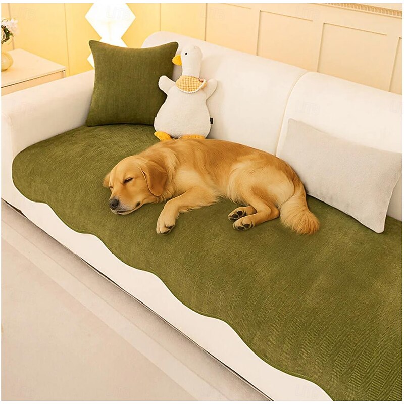 Minimalist Herringbone Sofa Cover For Dog Chenille Non-Slip Wavy Edge Couch Cover Pet Friendly