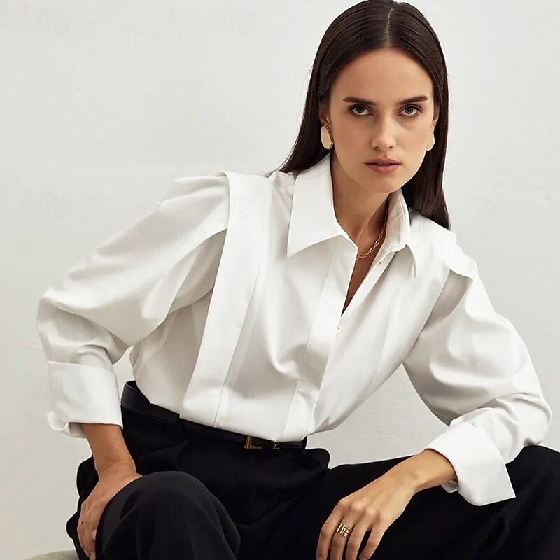 Women's Shirt Solid Color Elegant Daily Stylish Long Sleeve Puff Sleeve Shirt Collar Regular Tops Work Daily Holiday Ruched Black White Spring Fall